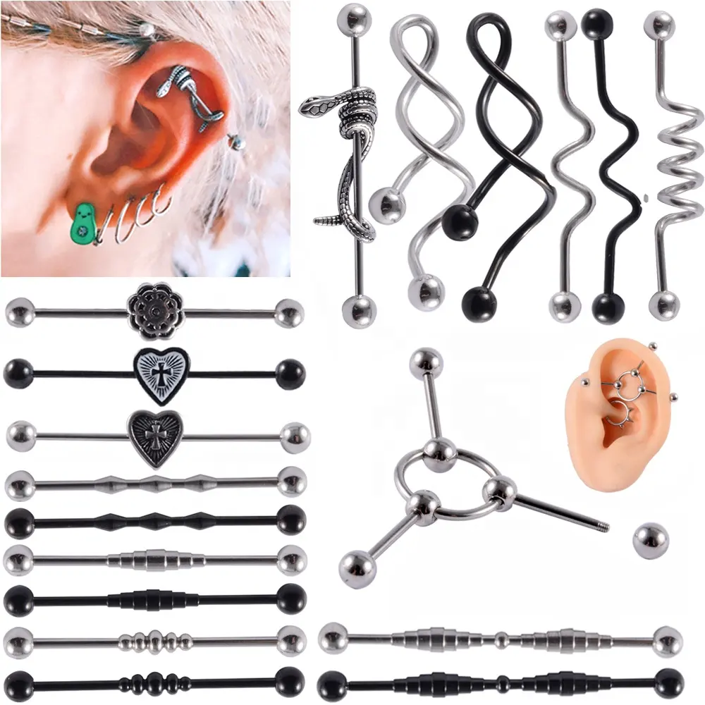 14G Chirurgisch Staal Industrial Barbell Ring Vrouwen Mannen Snake Rechte Kraakbeen Earring Helix Unisex Oor Body Piercing Sieraden
