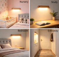 Mini lampe LED à détecteur de mouvement en bois minimaliste, blanc chaud, magnétique, rechargeable par USB, à coller, pour placard, armoire