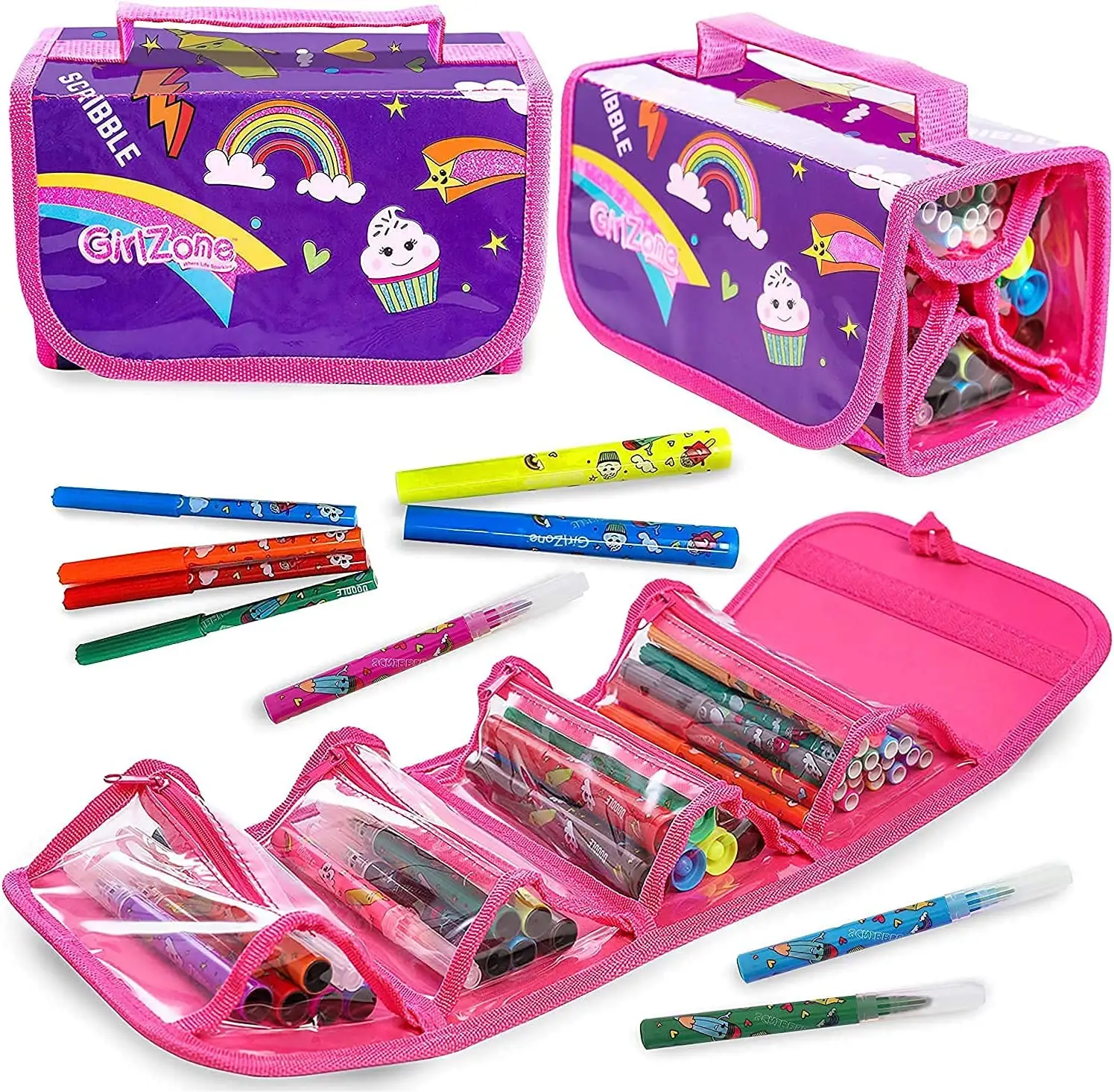 hot sale art paint brush pen sets with canvas bag four zipped pockets cute carry case pencil pouch for girls