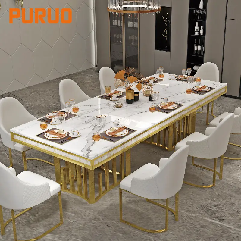 Set meja makan emas gaya Modern, dengan dasar logam, furnitur rumah baja tahan karat, set meja makan mewah