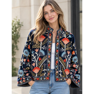 Chaqueta Azul Marino Bordada para Mujer con Patrones Botánicos Florales Multicolores, Chaqueta Étnica Bohemia de Diseñador, Estilo Indio Tradicional - Product Image 6