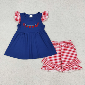 Longlv Toddler Baby Girl Boy Back School Outfits Apple Embroidery Short Sleeve Tops Plaid Shorts Spandex/Cotton Summer <b>Clothes</b> - Product Image 2