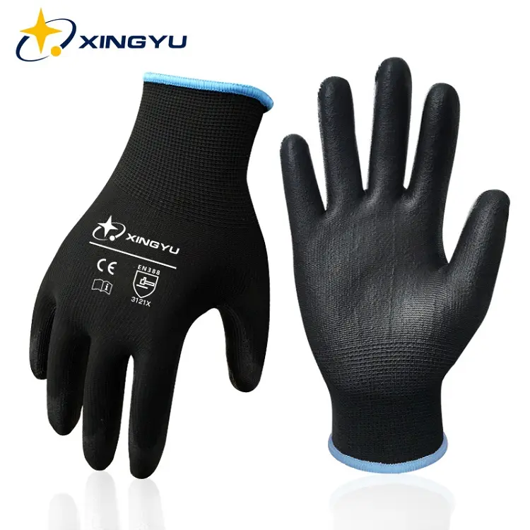 XINGYU custom CE Certificated EN388 Black PU Work Safety Gloves Garden Mechanic Working Gloves flexible PU Gloves