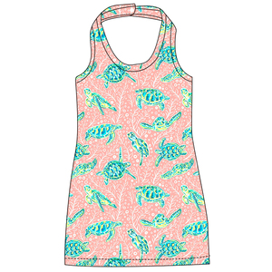 Vestito Estivo Casual per Bambine, Abito a Pezzo Unico con Cinturino al Collo, Motivo Tie-dye a Righe Floreali Turchesi, Senza Maniche, Corto - Product Image 6