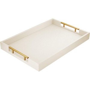 White Rectangular <b>Storage</b> Tray With Gold Metal Handles Textured Finish Easy To Clean For Coffee Or <b>Dressing</b> <b>Tables</b> - Product Image 1