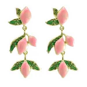 Pink Yellow Fruit Dangle Earrings Rhinestone Enamel Earrings for Girls New Style Women Earring