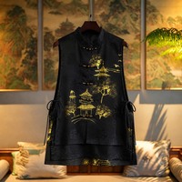 Gilet en soie Xiangyunsha peint à la main pour femme, coupe asymétrique, sans manches, style chinois moderne, ouvert sur le devant, pour superposition, vente en gros