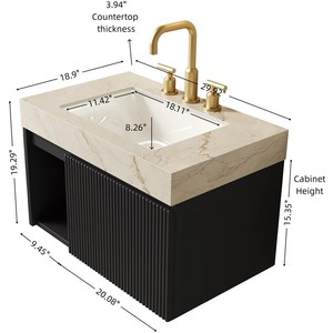 Mobile bagno <span class=keywords><strong>EIDEN</strong></span> da 30 pollici con lavabo, mobiletto sospeso, piano in pietra sinterizzata color crema con venature oro e lavabo in ceramica con 3 scomparti - Product Image 5