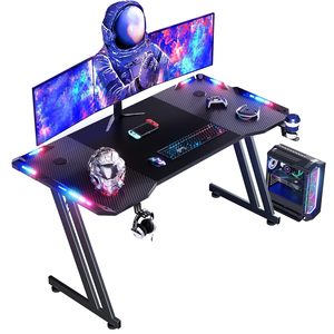 Bureau de jeu ergonomique moderne en fibre de carbone en forme de Z, grand format, avec éclairage LED RGB, 47 pouces - Product Image 1