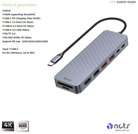 Station d'accueil USB-C 9-en-1 4K pour HDTV 2.1, lecteur de cartes SD/TF, LAN Gigabit, PD 100W pour MacBook et ordinateurs portables (en stock)