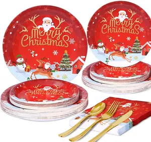 定制派对用品圣诞餐具套装支架纸杯餐巾纸可生物降解一次性甘蔗纸套装盘子