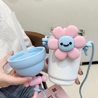 Bouteille d'eau isotherme à motif tournesol, jolie tasse à paille, en acier inoxydable 316, portable avec sangle de transport, gobelet de voyage