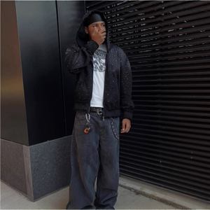 Hoody Hinestone男性用カスタムヴィンテージ洗浄日色あせたパーカーOem特大ヘビー級100% コットンジッパー冬用 - Product Image 3