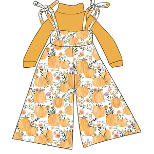Ensemble de vêtements pour enfants en soie de lait imprimée, haut à col roulé à manches longues avec pantalon large à bretelles, ensemble de 2 pièces pour l'automne - Product Image 3