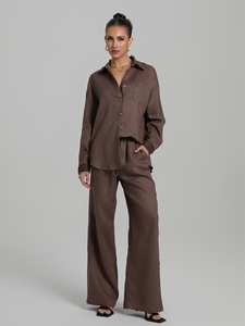 Elegante camicia da donna in due pezzi estiva formale in <span class=keywords><strong>lino</strong></span> con motivo solido e <span class=keywords><strong>pantaloni</strong></span> a maniche lunghe - Product Image 6