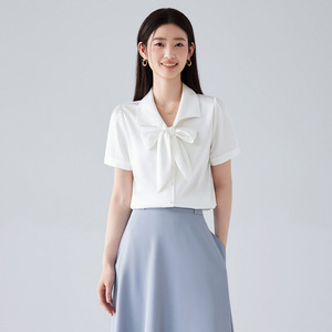 Women White Blouse With Bow Short Sleeve Professional Shirt For Hotel Uniforms - Product Image 4