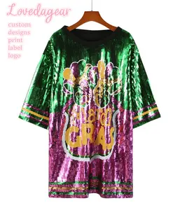 Loveda Custom Logo Mardi Gras Apparel Women Oversized Short Sleeve Top Round Neck Half Sleeve Letter Print Sequin Long T Shirt