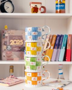 Tazas de cerámica a cuadros con bloques de color personalizados, tazas de cena para decoración del hogar para uso de té y leche - Product Image 2