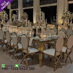 Tables et chaises de réception de mariage modernes et luxueuses, rectangulaires, avec plateau en verre blanc, pieds en MDF et acier inoxydable - Product Image 1