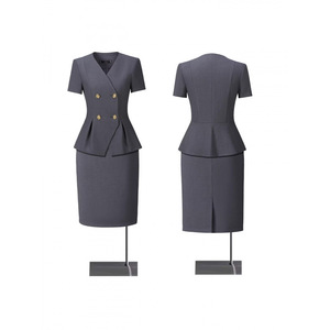 Grey Women's Summer Short Sleeve V Neck Blazer Skirt Set Elegant Professional Commute Suit Two Piece - Product Image 1