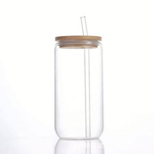 Verres à bière de 16 oz en forme de canette avec couvercle en bambou et paille, personnalisables avec logo - Product Image 4
