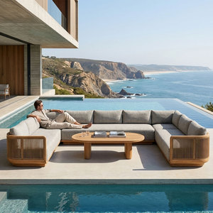 Muebles de Jardín Curvos de Teca Contemporáneos de Alta Gama, Resistentes al Agua, Juego de Sofás Modulares de Olefina para Exteriores, para Villa - Product Image 3