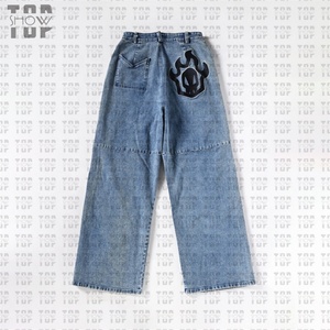 Pantalones Vaqueros Rectos de Mezclilla Estilo Urbano OEM con Bordado de Llamas, Estilo Vintage con Bordes Deshilachados para Hombre - Product Image 2