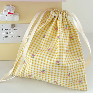 Yellow Checkered Floral Cotton Drawstring Bag Fresh Minimalist Instagram-worthy Storage Bag for Travel Organizing Small Items - Product Image 4