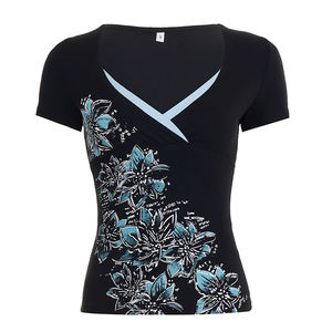 Camiseta Casual Y2K para Mujer, Cuello en V, Estampado Floral Vintage, Tejido de Punto con Impresión Digital, Corte Regular, Transpirable, Bloques de Color en Contraste - Product Image 6