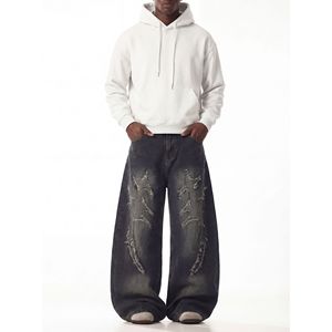 Jean en denim noir et gris pour homme, coupe ample, jambe large, taille mi-haute, en coton, style jambe droite - Product Image 4
