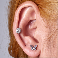 Piercing de cartilage ASTM F136 G23 en titane, motif papillon, avec zircone cubique (CZ) violette, taille marquise et ronde, 16G, à filetage interne et dos plat