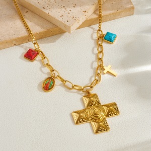 Cross Shaped Spiral Geometric Pendant Irregular Chain Turquoise Necklace For Daily Wear - Product Image 2