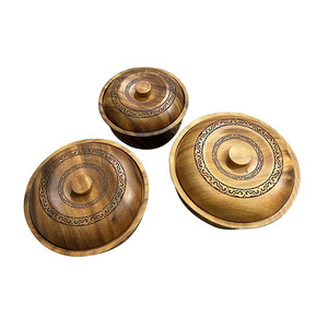 Acacia Wood Ethnic Style Covered Bowl Set With Lid Round Food Storage <b>Container</b> For Coffee Tea And Others Large Medium <b>Small</b> - Product Image 3