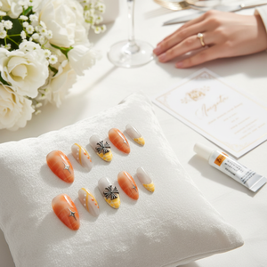Aura Chic di lusso unghie corte bara mandarino quadrato Press-on Set con colla simpatici unghie finte in acrilico per matrimoni e dita - Product Image 2