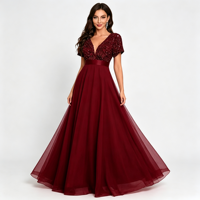 Robe de soirée longue en mousseline de soie à sequins, col en V, manches courtes, taille empire, coupe trapèze, respirante, pour mariage, demoiselle d'honneur, fête, ODMOEM