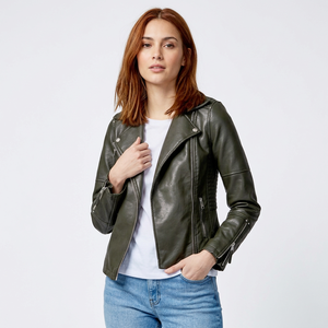 Women's Leather Moto Jacket Solid Color Zipper Closure Turn-down Collar Regular Length Autumn Style Leather Jacket - Product Image 1