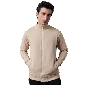 Veste en molleton beige pour homme, col montant, fermeture éclair, couleur unie, tricotée, coupe classique, pour l'automne - Product Image 1