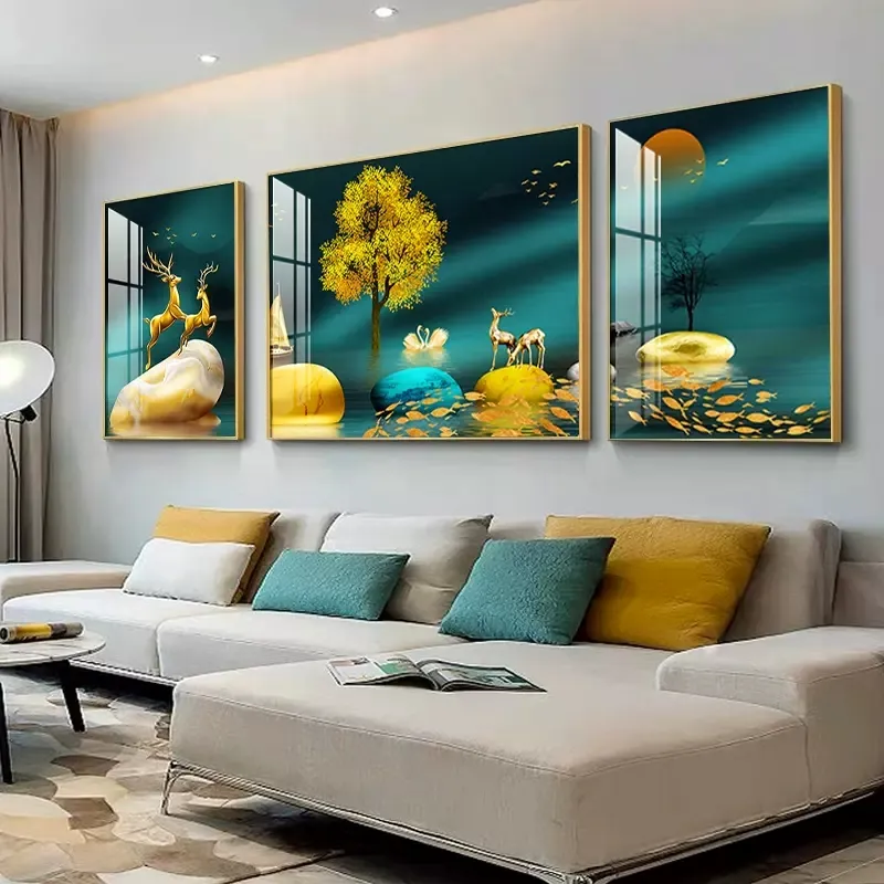 Golden tree print canvas modern crystal porcelain large abstract wall art painting with frame