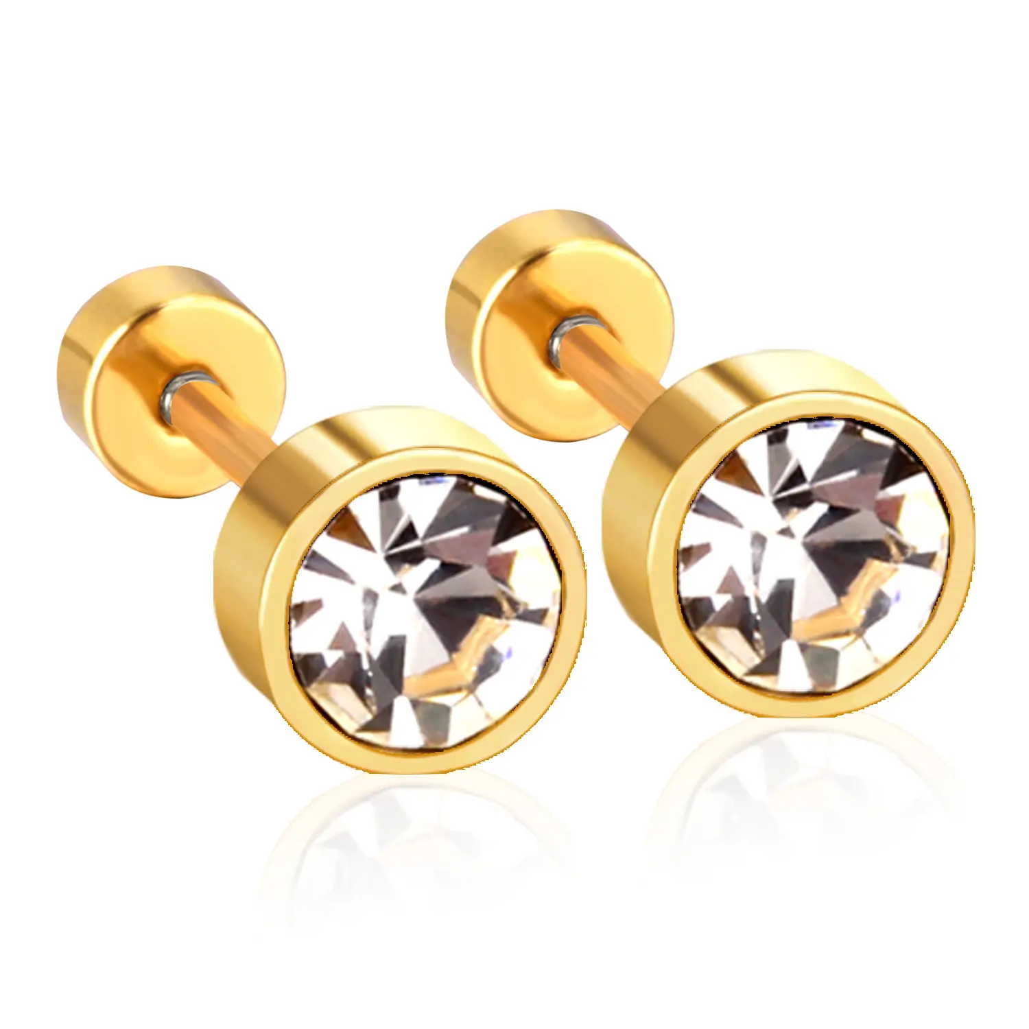 Brand New Gold Cylindrical White Crystal Plug Earrings,Good quality Wholesale Price Earring Pressure