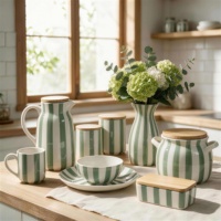 Ensemble de pots de rangement en céramique rayés multicolores avec couvercle en bois, personnalisables avec logo, pour l'organisation de la cuisine