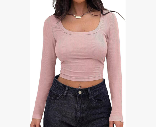 Autumn Sexy Ribbed Cropped Long Sleeve Crop Top Women Fashion Crop Top Slim Fit Rib Fabric T Shirts