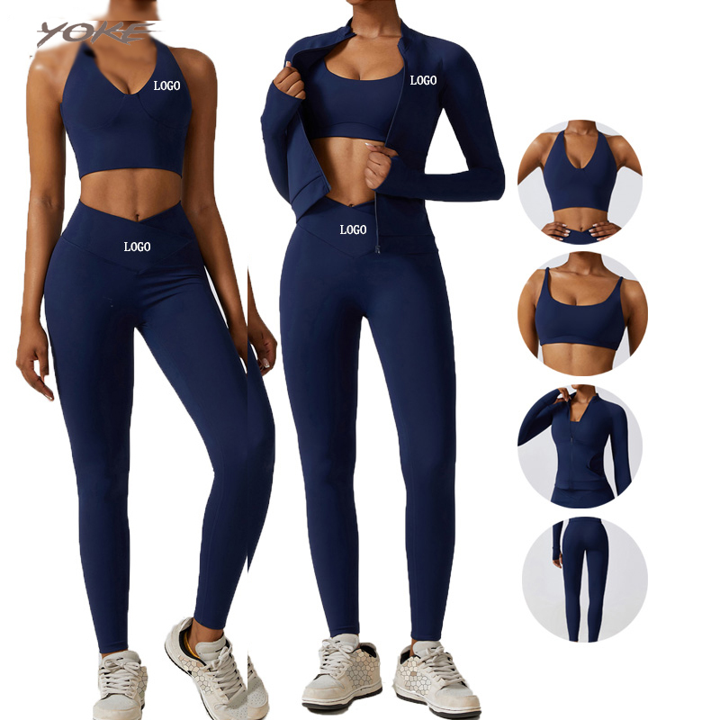 YOKE Wholesale Fitness 3 Piece Women Gym Yoga Wear Set Workout Seamless Long Sleeve Sports Suit Hoodie Yoga Set