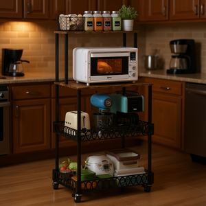 Étagère de rangement de cuisine rustique à 4 niveaux, autoportante, avec roulettes, pour épices, café, micro-ondes - Product Image 2