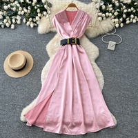Robe longue élégante en satin pour femme, col en V, sans manches, coupe trapèze, avec ceinture, vêtements décontractés pour les fêtes, robes décontractées pour tous les jours