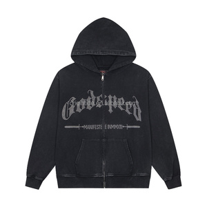 Vintage Washed <b>Black</b> <b>Zip</b>-<b>Up</b> <b>Hoodie</b> Gothic Statue Print Crop Sweatshirt Hooded Jacket for Men Godspeed Washed <b>Black</b> Distressed - Product Image 2