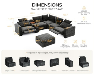<span class=keywords><strong>Canapé</strong></span> inclinable modulaire surdimensionné avec ottoman de rangement et tiroir, en forme de L profonde, 6 places, inclinable <span class=keywords><strong>électrique</strong></span>ment - Product Image 2