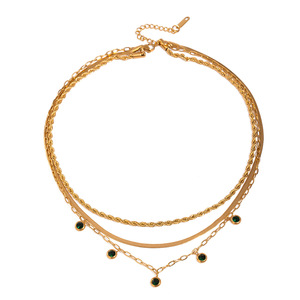 Collar en capas Yueli, chapado en oro de 18 quilates, acero inoxidable, engaste de bisel con piedra verde, cadena de múltiples hilos, joyería para fiestas - Product Image 5
