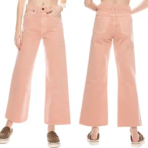 Kustom Wanita 2022 Kaki Lebar Pinggang Tinggi Berkobar Longgar Jeans Hot Pink Flare Celana untuk Wanita