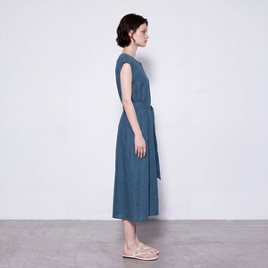 Blue <b>Linen</b> viscose Casual <b>Dress</b> Sleeveless V Neck A Line Midi <b>Dress</b> with Belt <b>Summer</b> Wear - Product Image 4