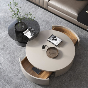 Mesa de Centro Redonda Italiana, Estilo Moderno y Sencillo para Sala de Estar, Mesa Redonda de Vidrio y Madera Maciza, Mesa Auxiliar Combinada para el Hogar - Product Image 4